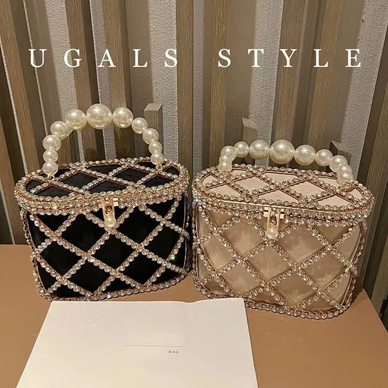 Luxury Designer Hollow Out Gold Metal Cage Crystal Shiny Rhinestone Diamond Evening Bag Wedding Party Clutch Purse Messenger Bag