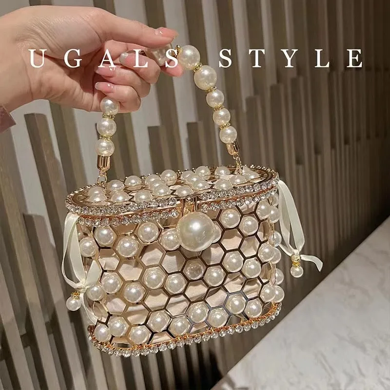 Luxury Designer Hollow Out Gold Metal Cage Crystal Shiny Rhinestone Diamond Evening Bag Wedding Party Clutch Purse Messenger Bag