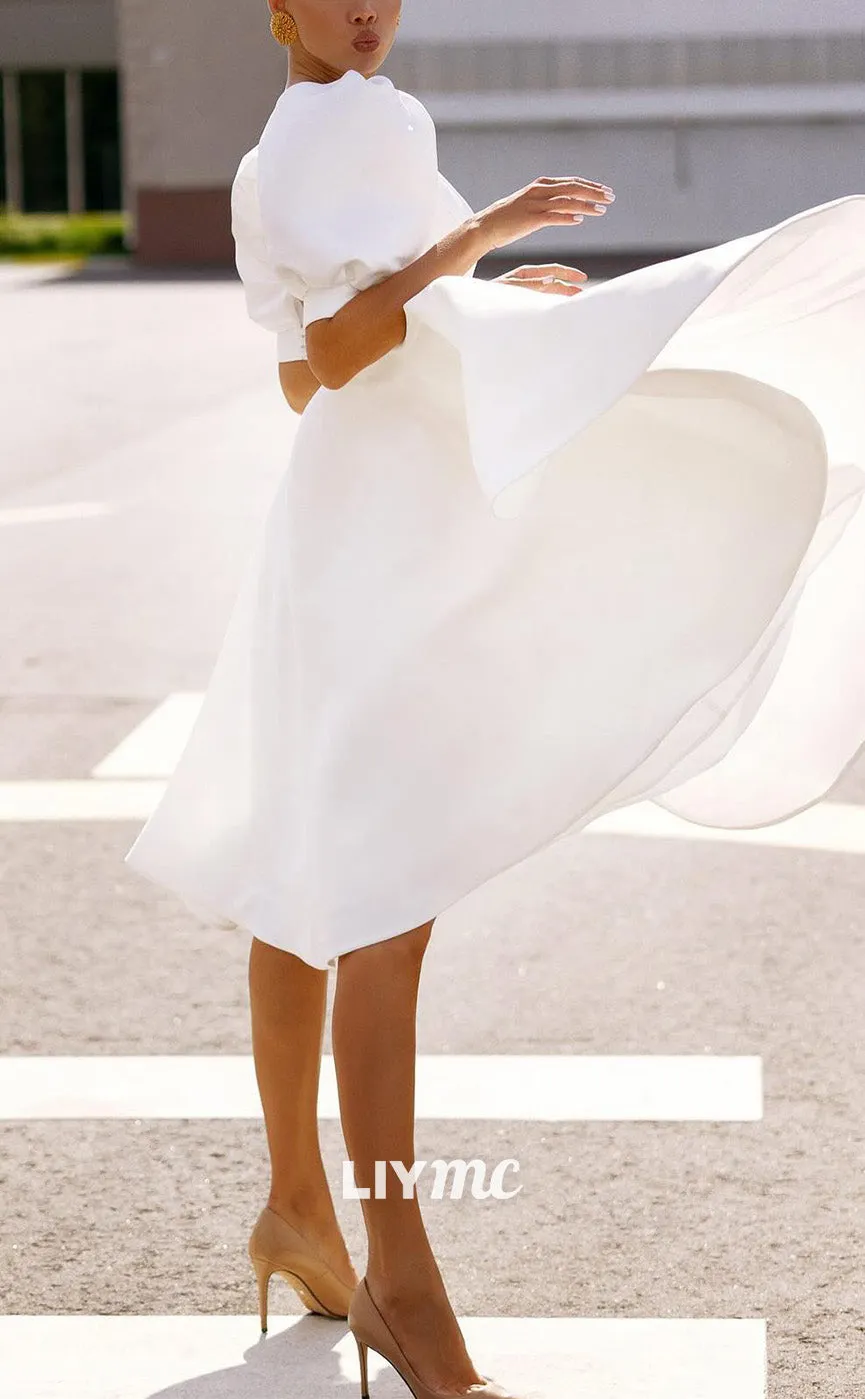 LW943 - Scoop Puff Sleeves Cut Outs A-Line Pleated Short Beach Wedding Dress