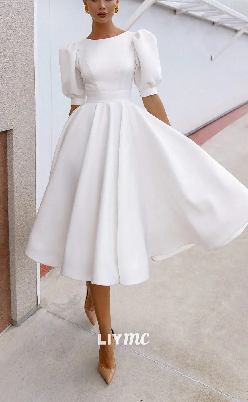 LW943 - Scoop Puff Sleeves Cut Outs A-Line Pleated Short Beach Wedding Dress