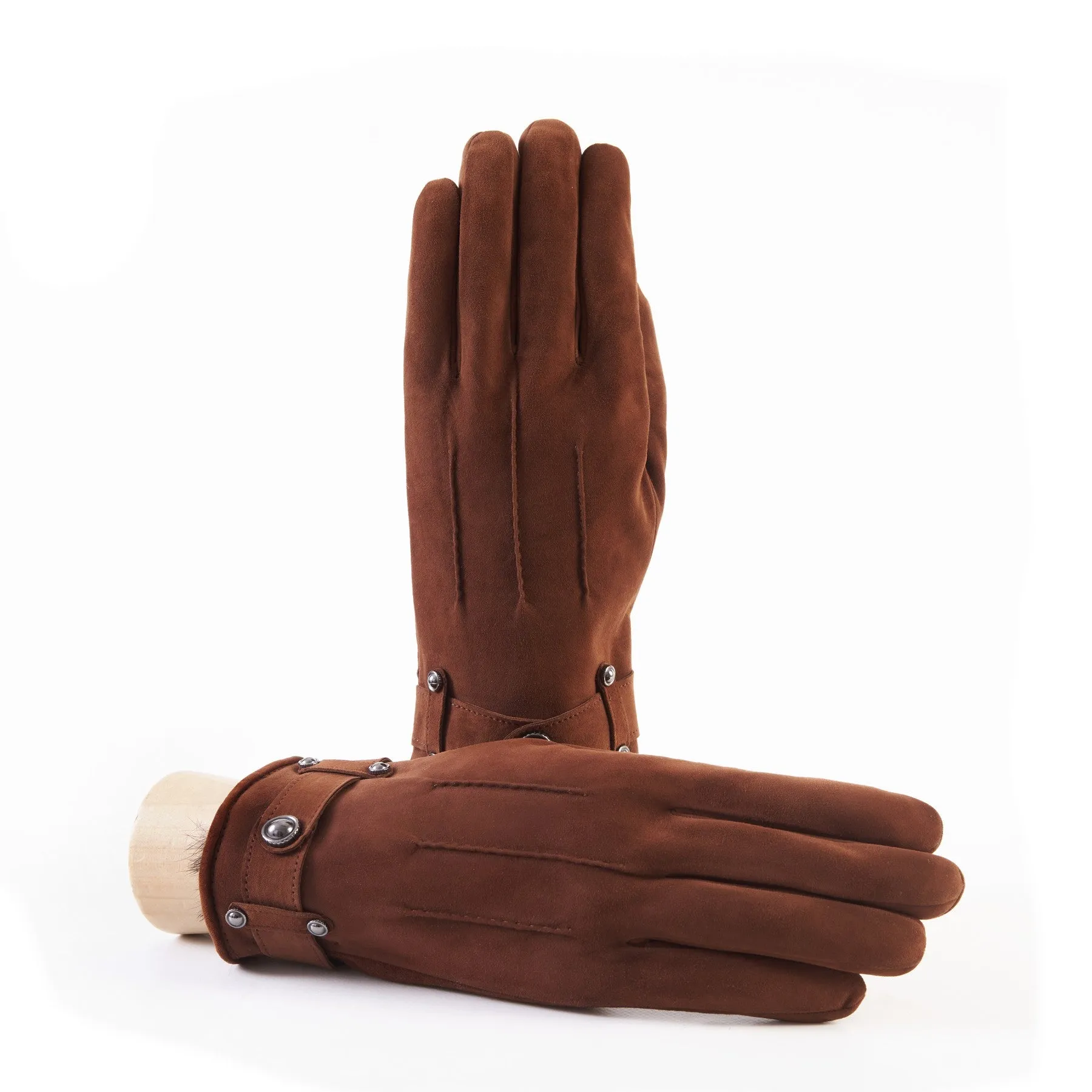 Men's cognac suede leather gloves with strap and cashmere lining