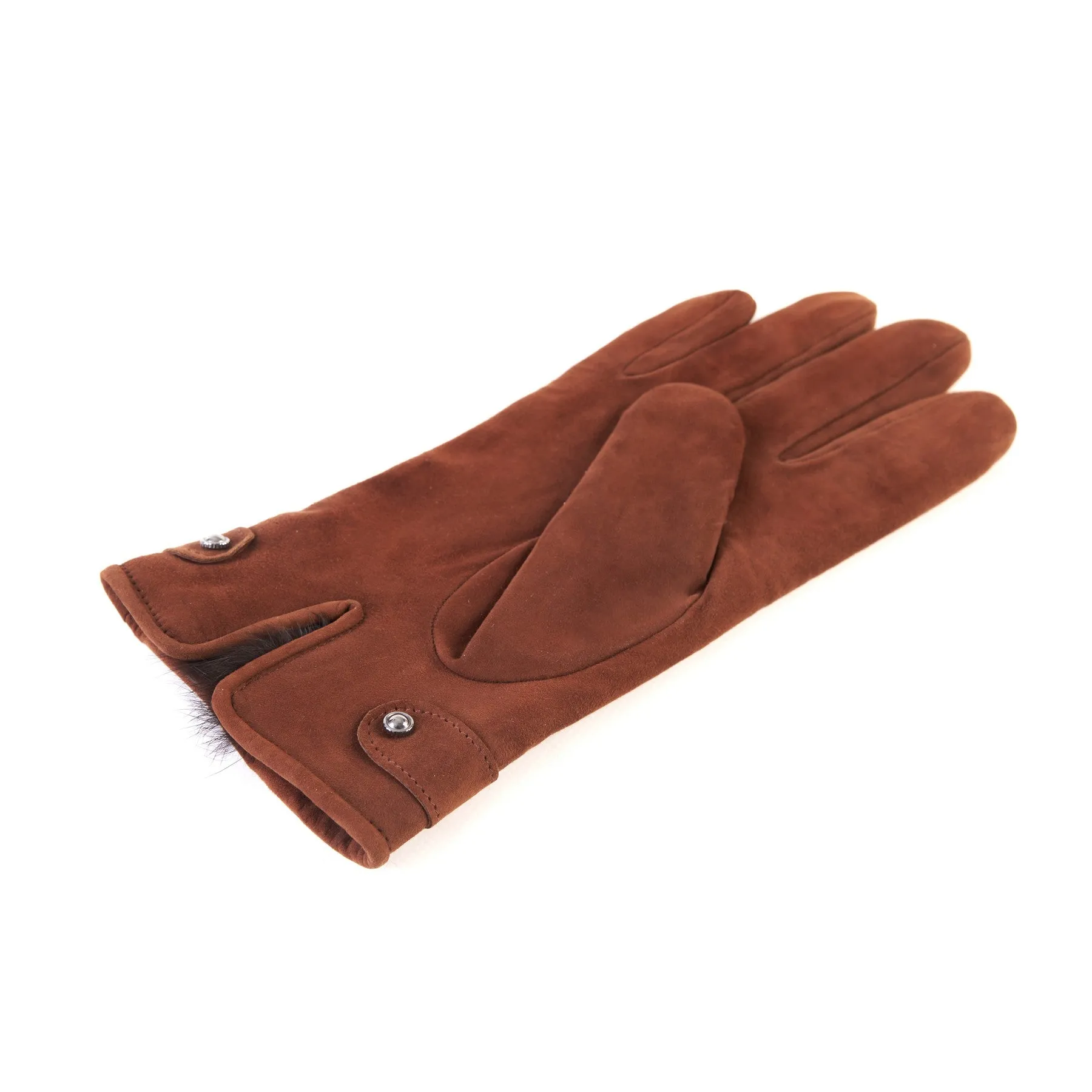 Men's cognac suede leather gloves with strap and cashmere lining