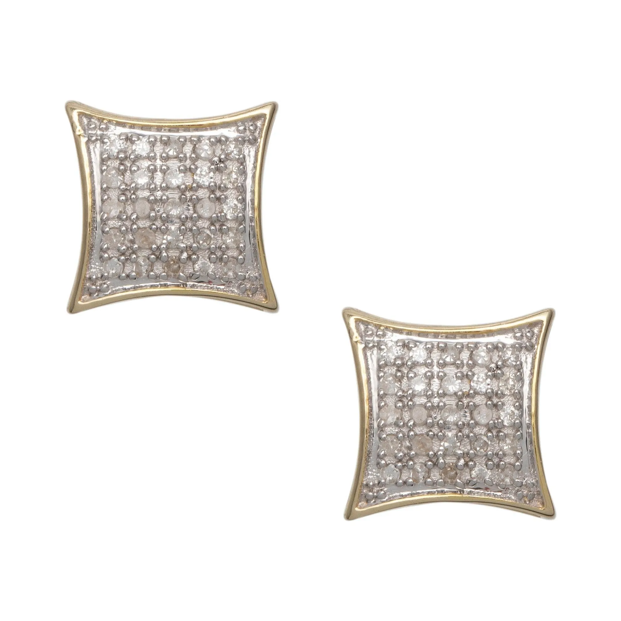 Men's Micro-Pavé Cushion Concave Square Diamond Stud Earrings 0.21ct 10K Yellow Gold