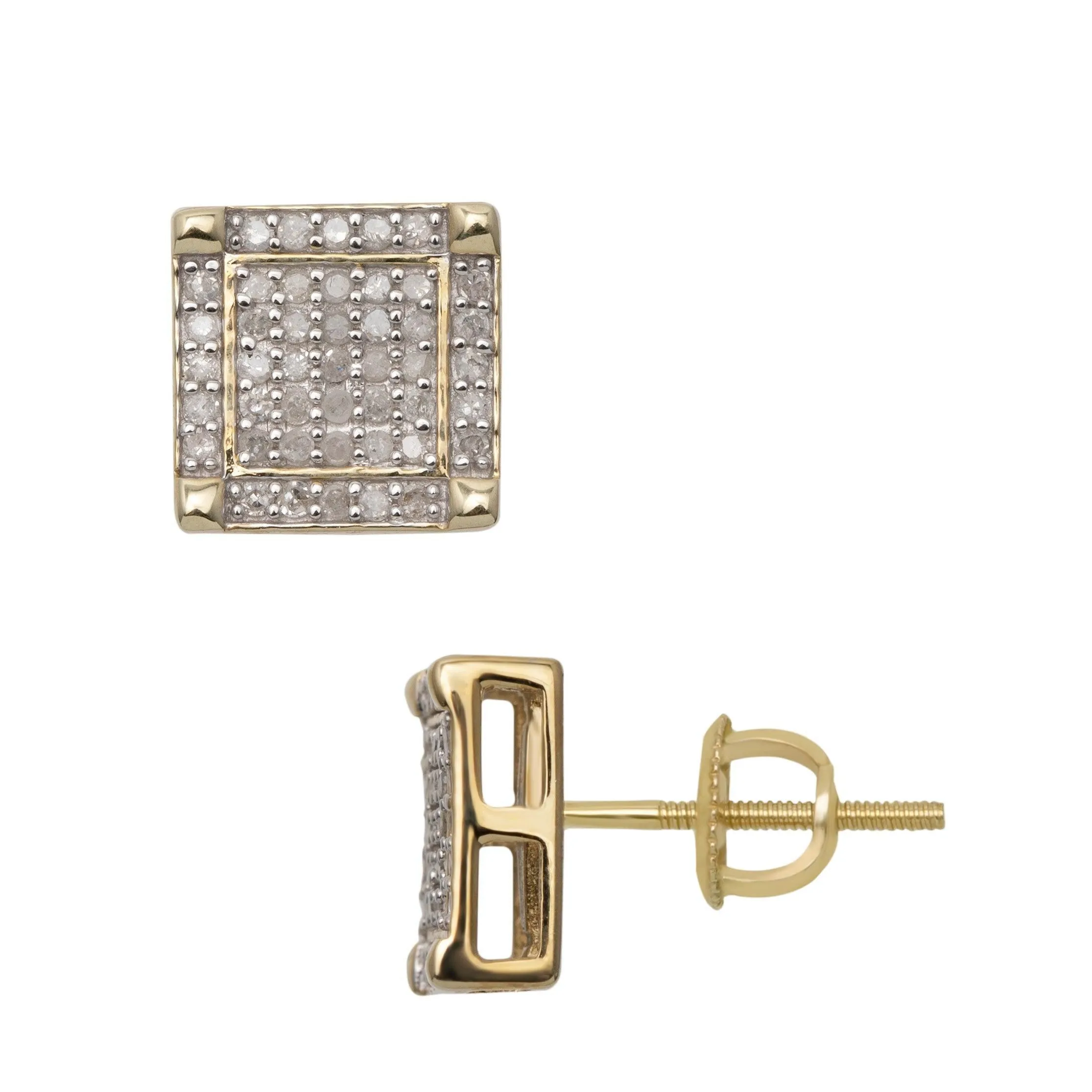 Men's Square Design Micro-Pavé Diamond Stud Earrings 0.41ct 10K Yellow Gold