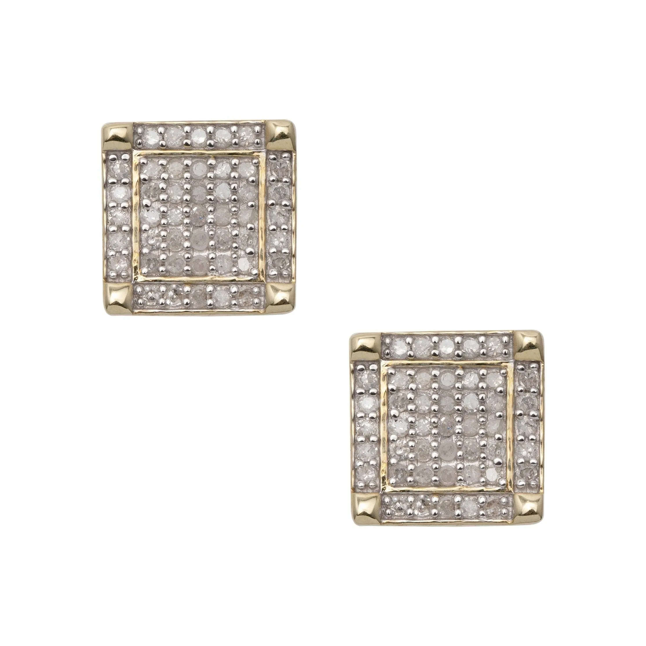 Men's Square Design Micro-Pavé Diamond Stud Earrings 0.41ct 10K Yellow Gold