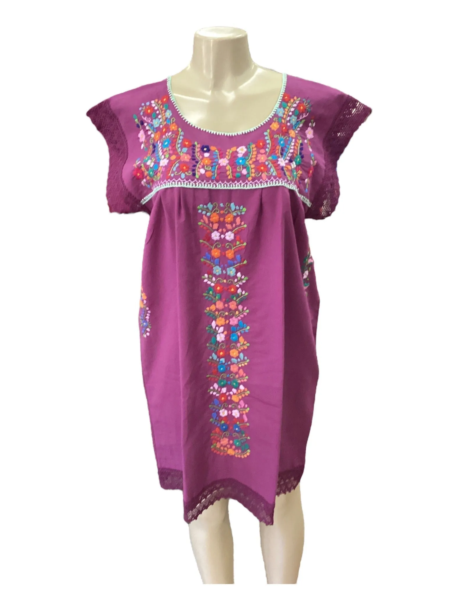 Mexican Tehuacan Dress with Lace Grape