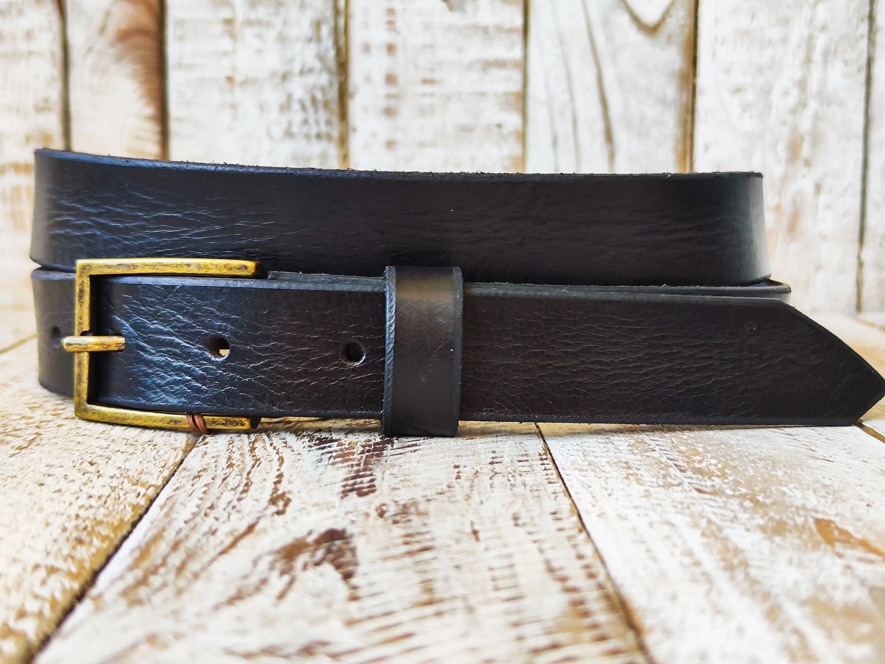 Minimalist Black Leather Belt with Bronze Buckle for Men