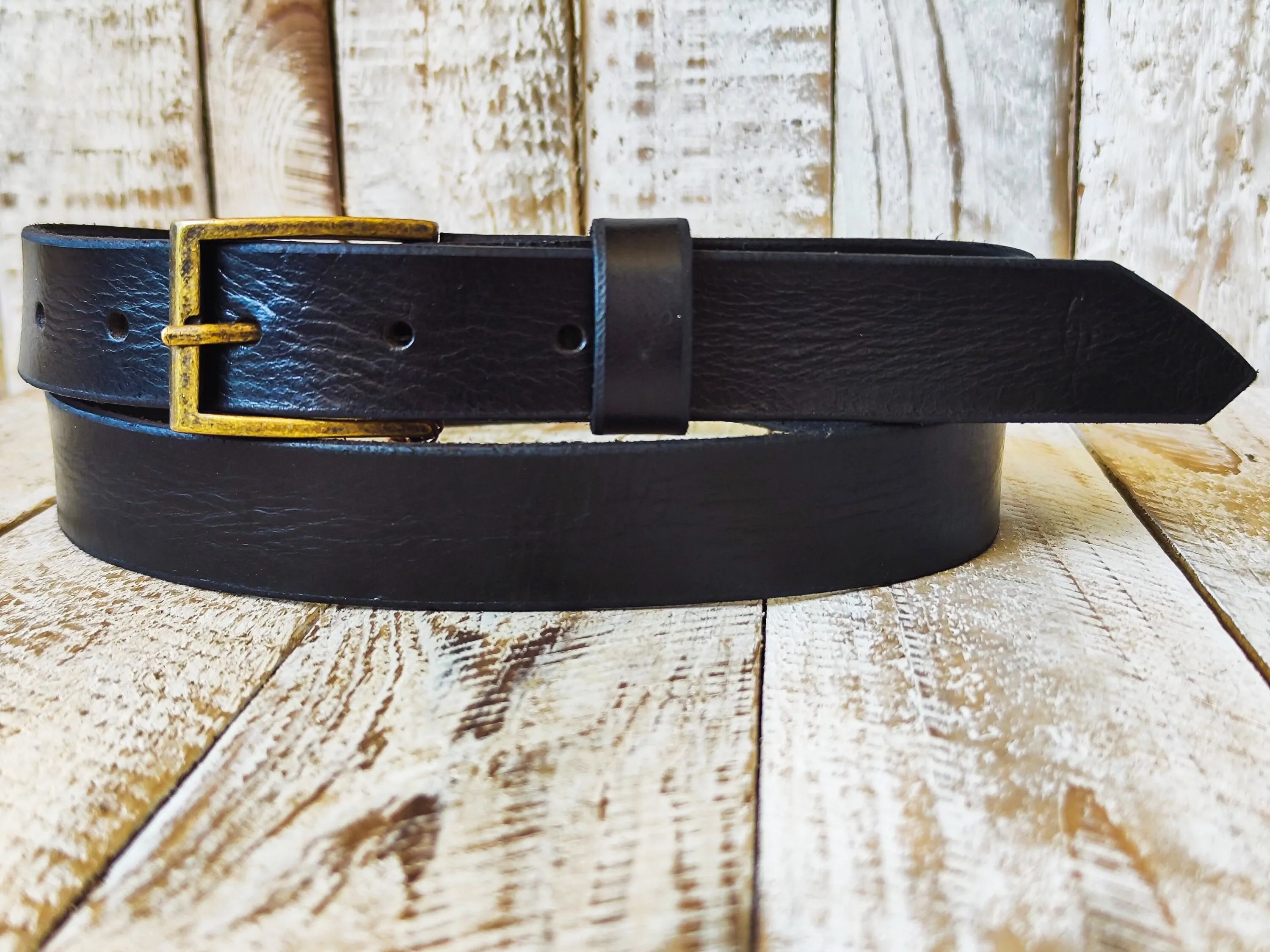 Minimalist Black Leather Belt with Bronze Buckle for Men