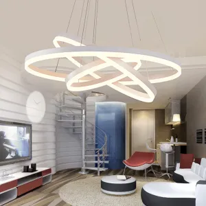 Minimalistic LED Chandelier Light Fixture - Small/Large 3-Ring Acrylic Drop Lamp in White