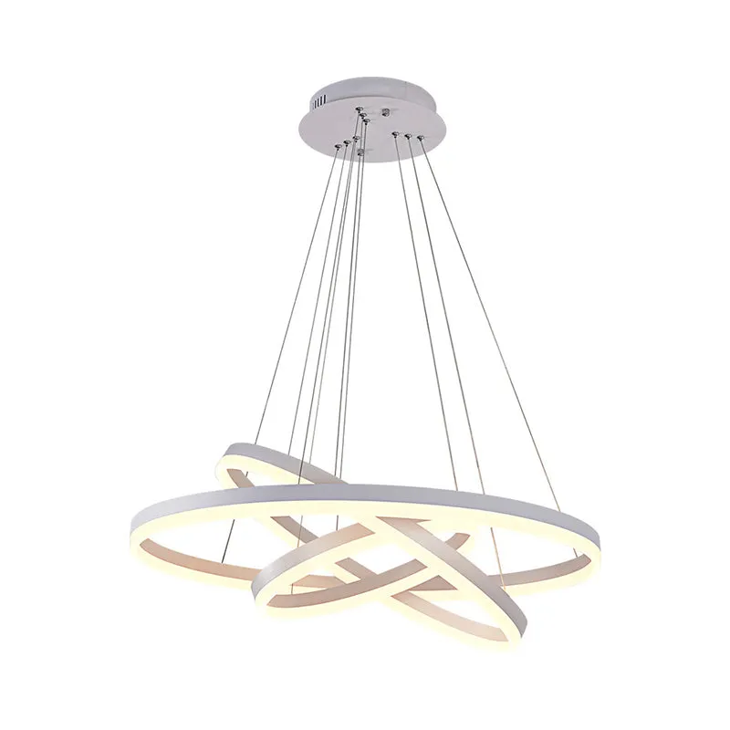 Minimalistic LED Chandelier Light Fixture - Small/Large 3-Ring Acrylic Drop Lamp in White