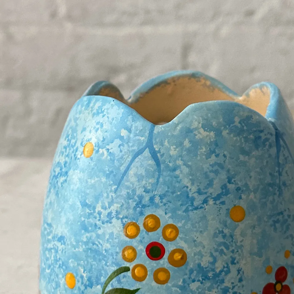 Papier Mâché Blue Egg with Decorated Flowers