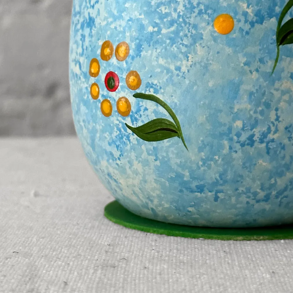 Papier Mâché Blue Egg with Decorated Flowers