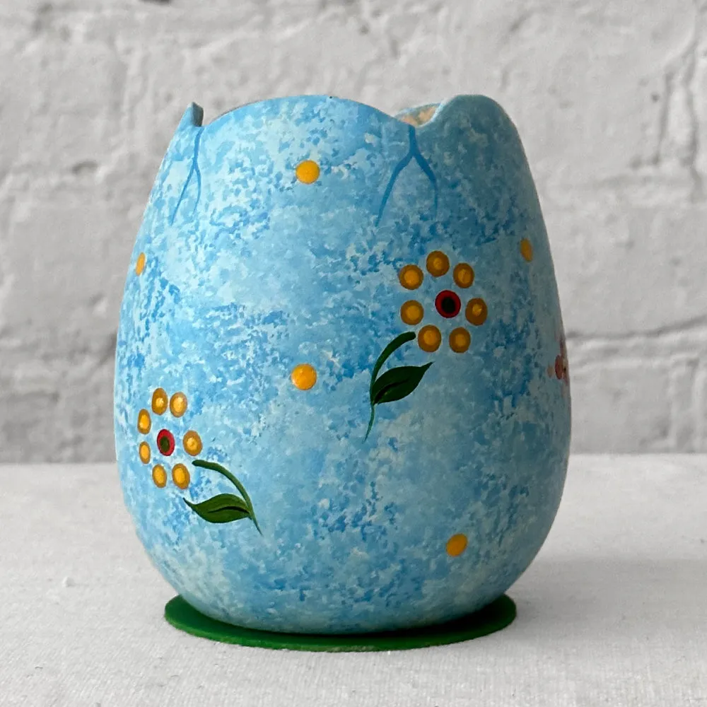 Papier Mâché Blue Egg with Decorated Flowers