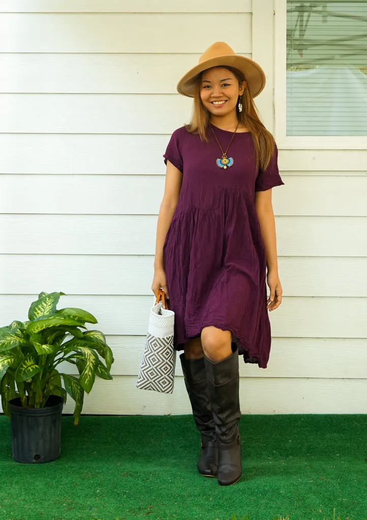 Purple Plum Natural Raw Crinkled Cotton Midi Dress with Pocket