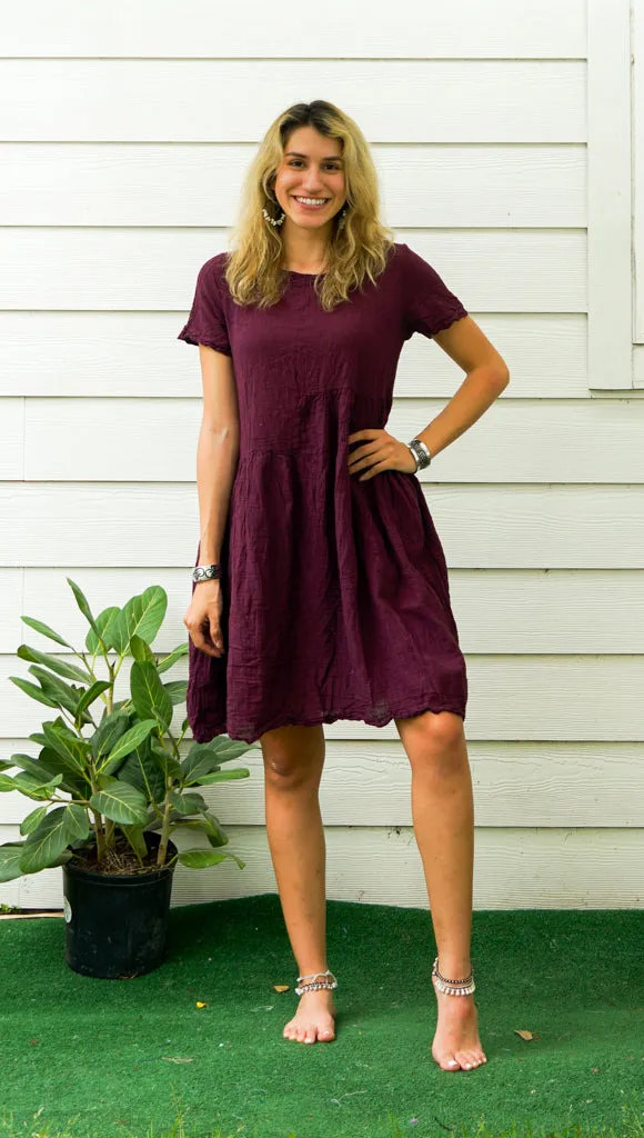 Purple Plum Natural Raw Crinkled Cotton Midi Dress with Pocket