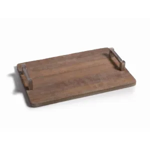 "Asval" 20" Long Reclaimed Wood Serving Tray, Raw Aluminum Handle