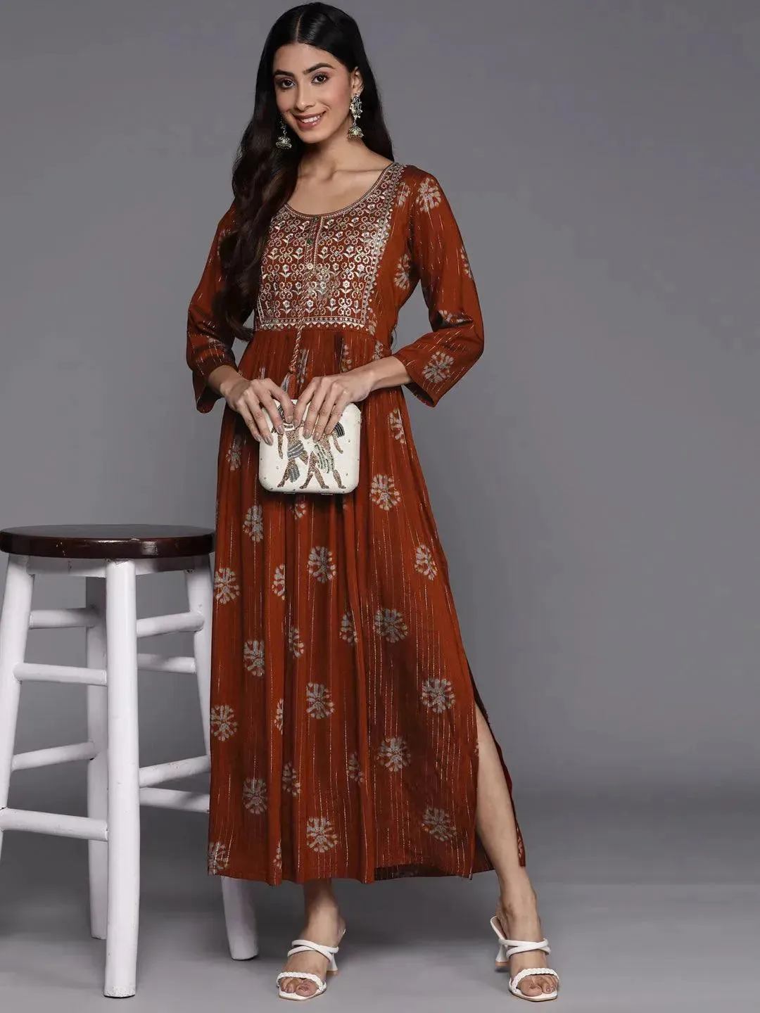 Rust Printed Fit and Flare Rayon Dress