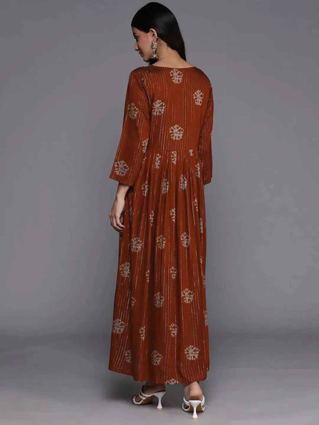 Rust Printed Fit and Flare Rayon Dress