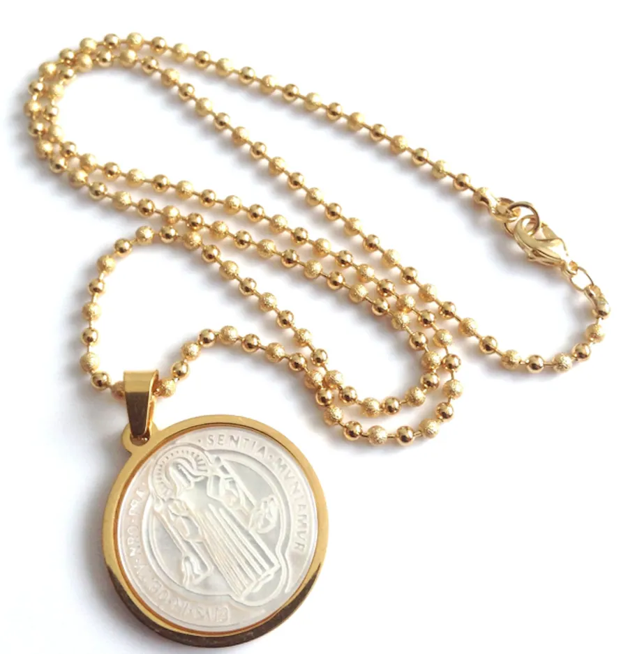 Saint Benedict Stainless Steel Gold Plated & Mother of Pearl Pendant