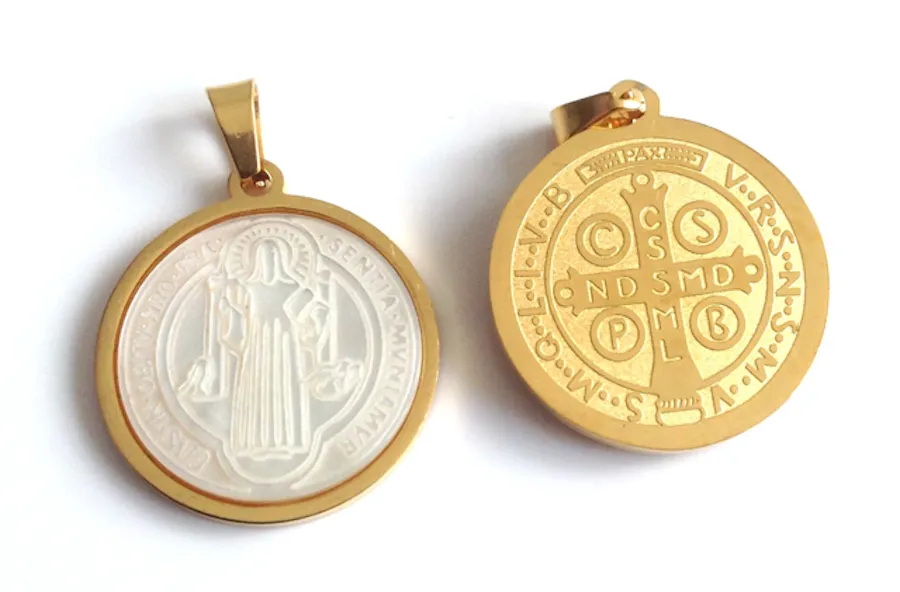 Saint Benedict Stainless Steel Gold Plated & Mother of Pearl Pendant