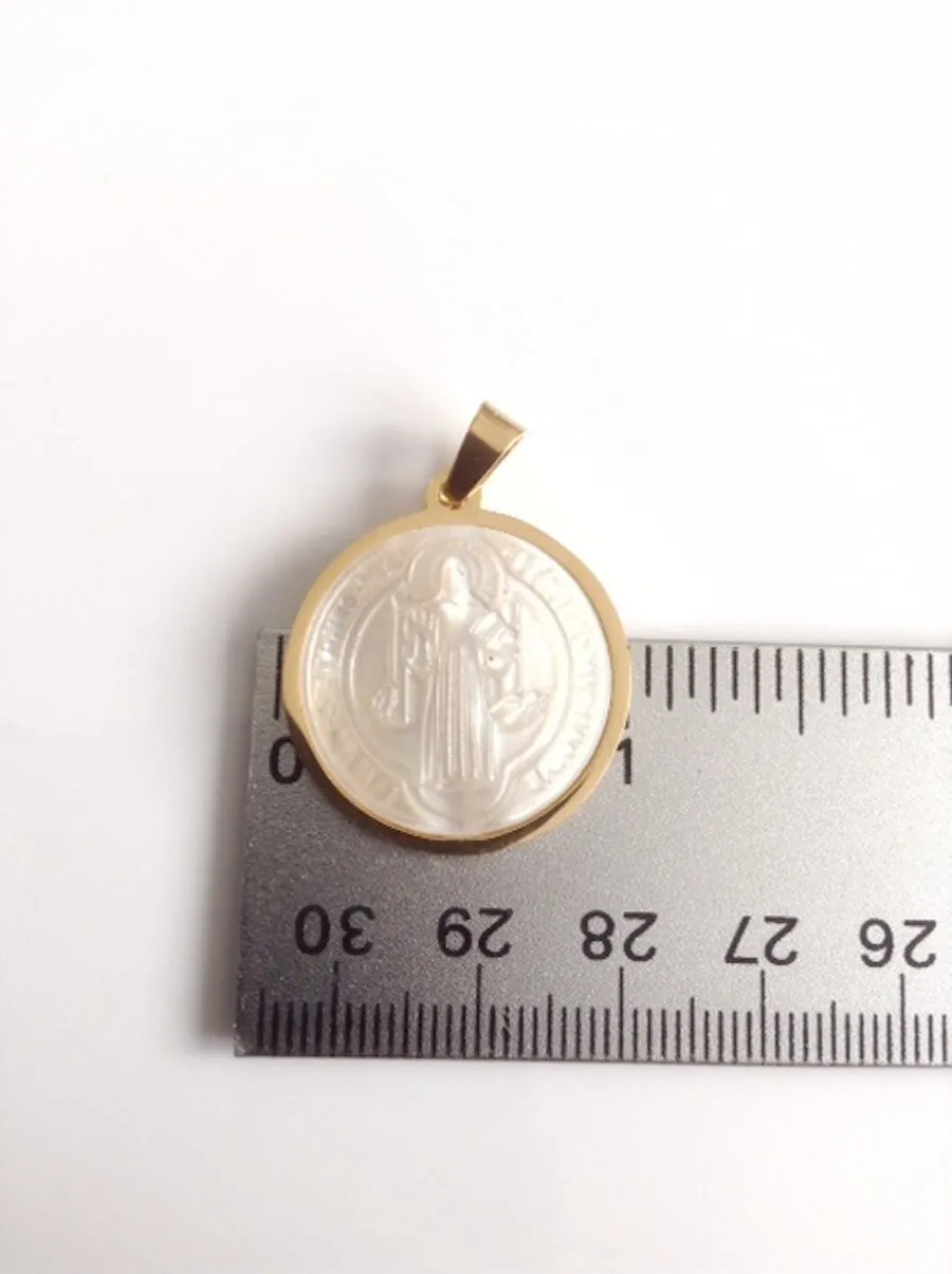 Saint Benedict Stainless Steel Gold Plated & Mother of Pearl Pendant