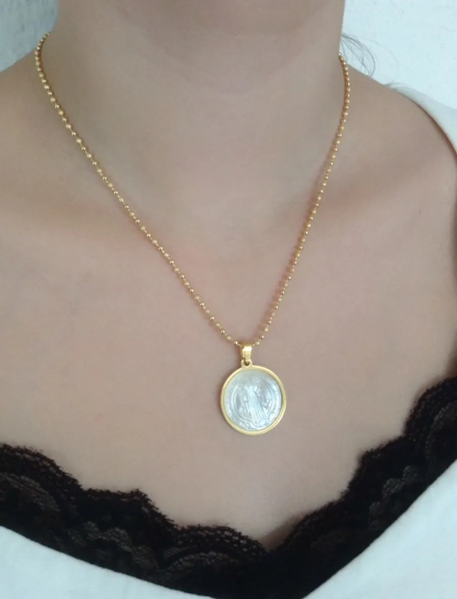 Saint Benedict Stainless Steel Gold Plated & Mother of Pearl Pendant