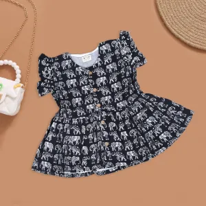 Stylish Elephant-Print Baby Frock with Wooden Button Details