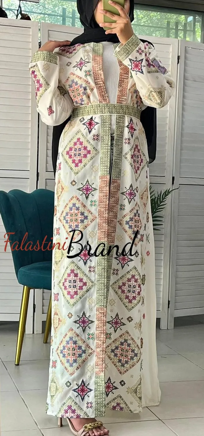 Stylish Off White and Colorful Georgette Diamond Embroidered Open Abaya Kaftan