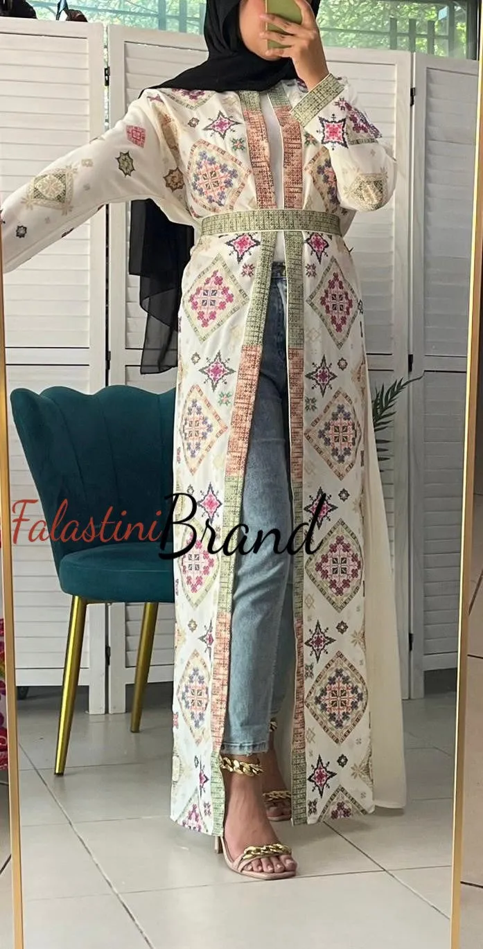 Stylish Off White and Colorful Georgette Diamond Embroidered Open Abaya Kaftan