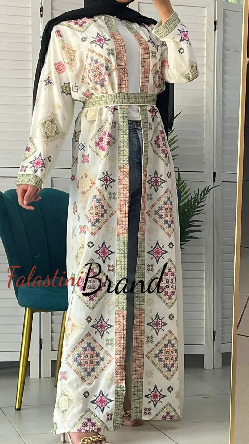 Stylish Off White and Colorful Georgette Diamond Embroidered Open Abaya Kaftan