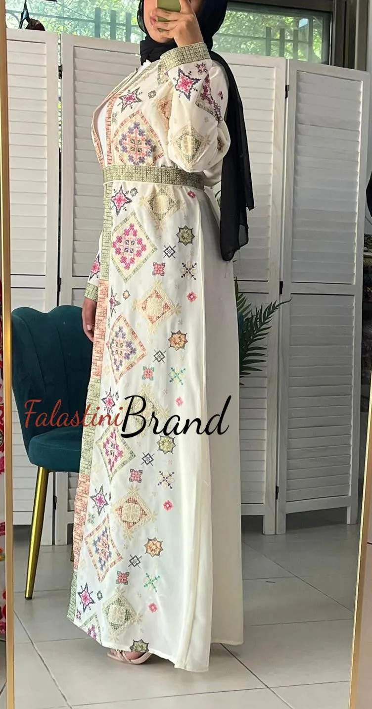 Stylish Off White and Colorful Georgette Diamond Embroidered Open Abaya Kaftan