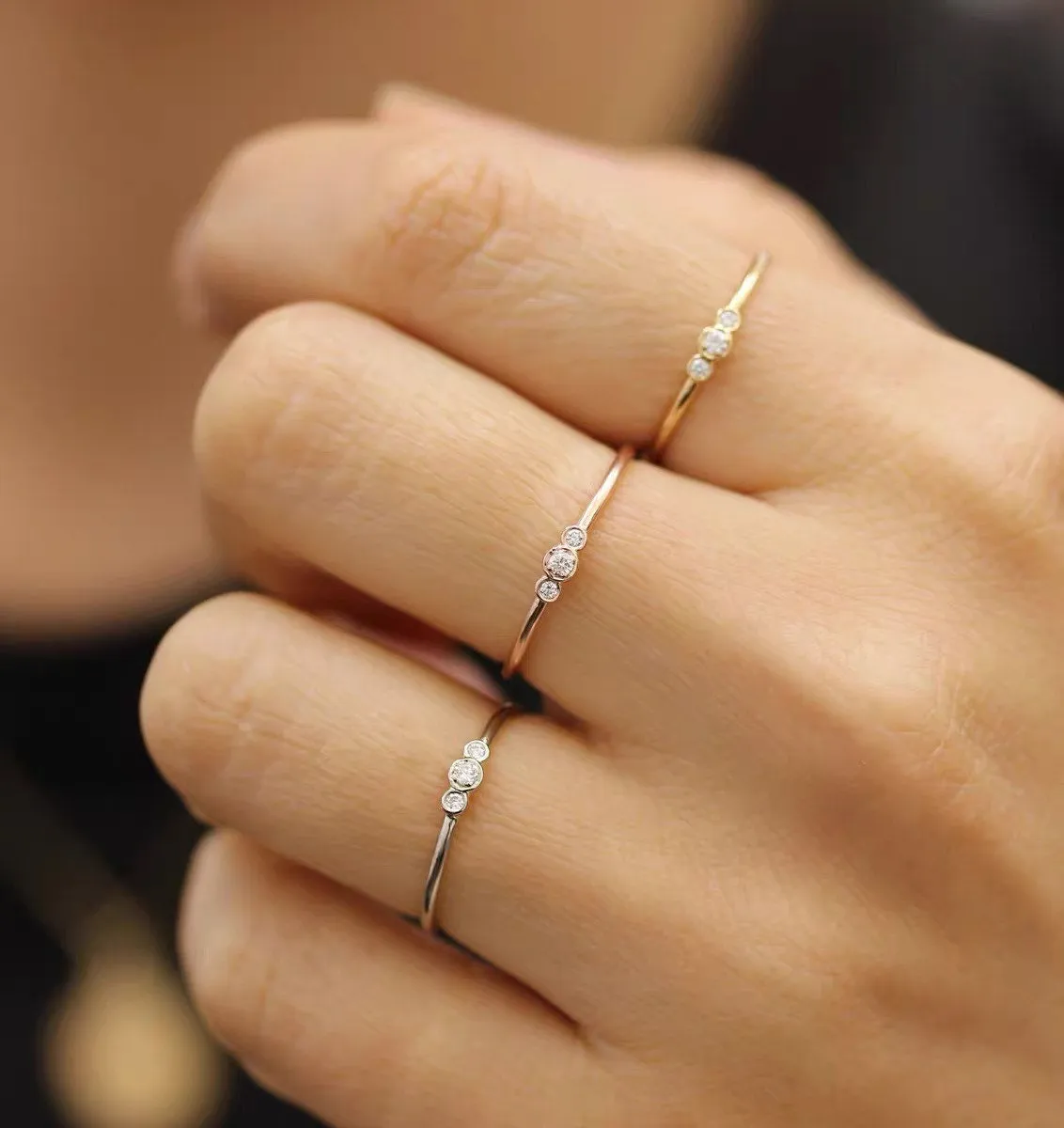 Super skinny three CZ ring | Thin stacking ring | Minimalist | Trio stone ring | Rose gold | Sterling silver | 1mm