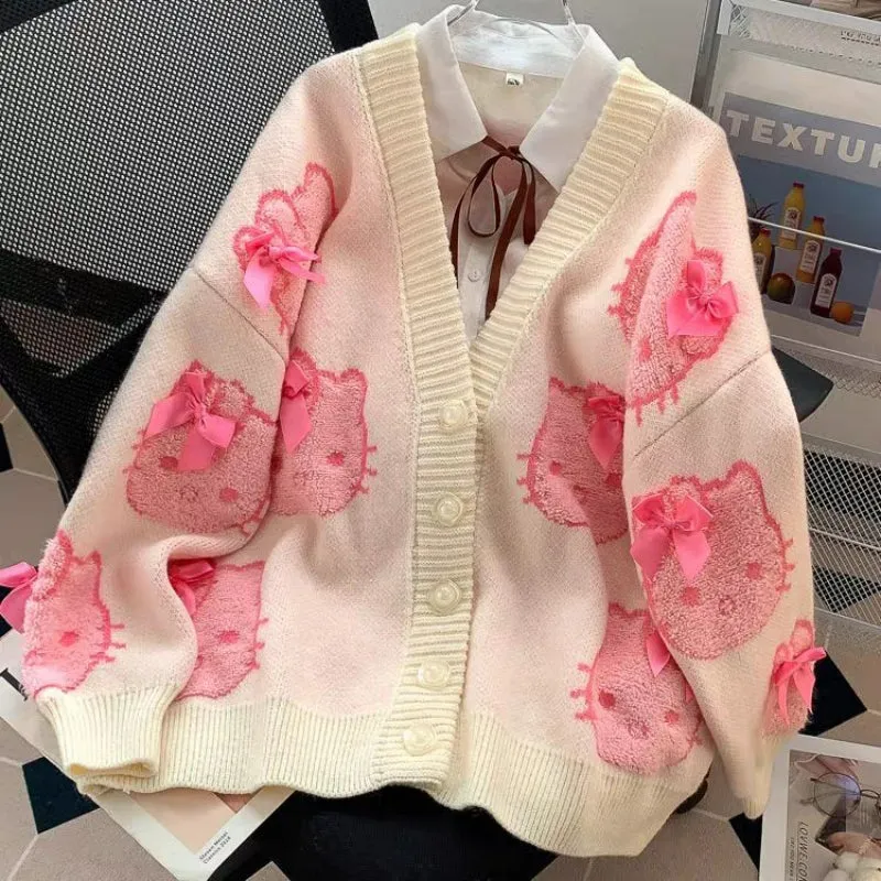 Sweet Pink Kitty Bow Cardigan Sweater KI612