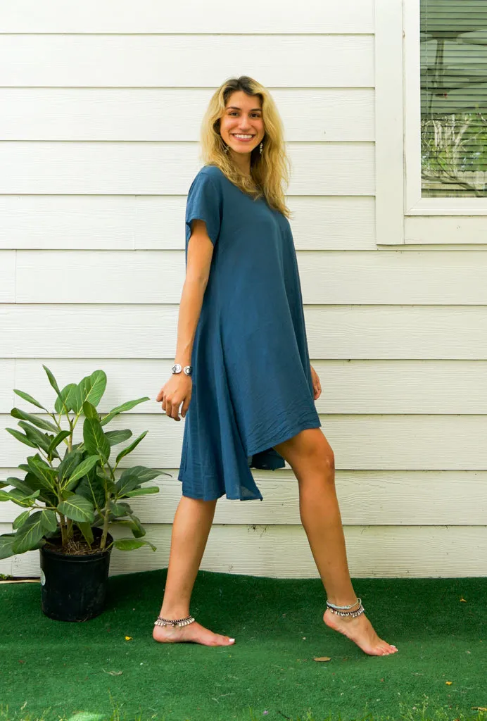 Teal Blue Raw Natural Cotton Gauze Asymmetrical Maxi Dress