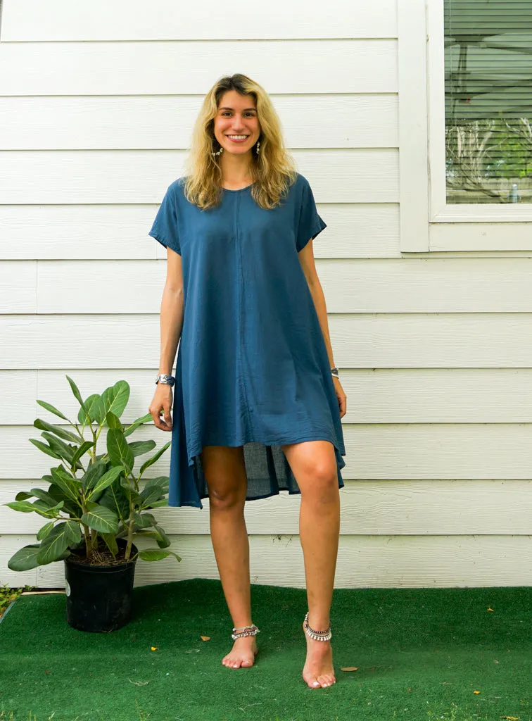 Teal Blue Raw Natural Cotton Gauze Asymmetrical Maxi Dress