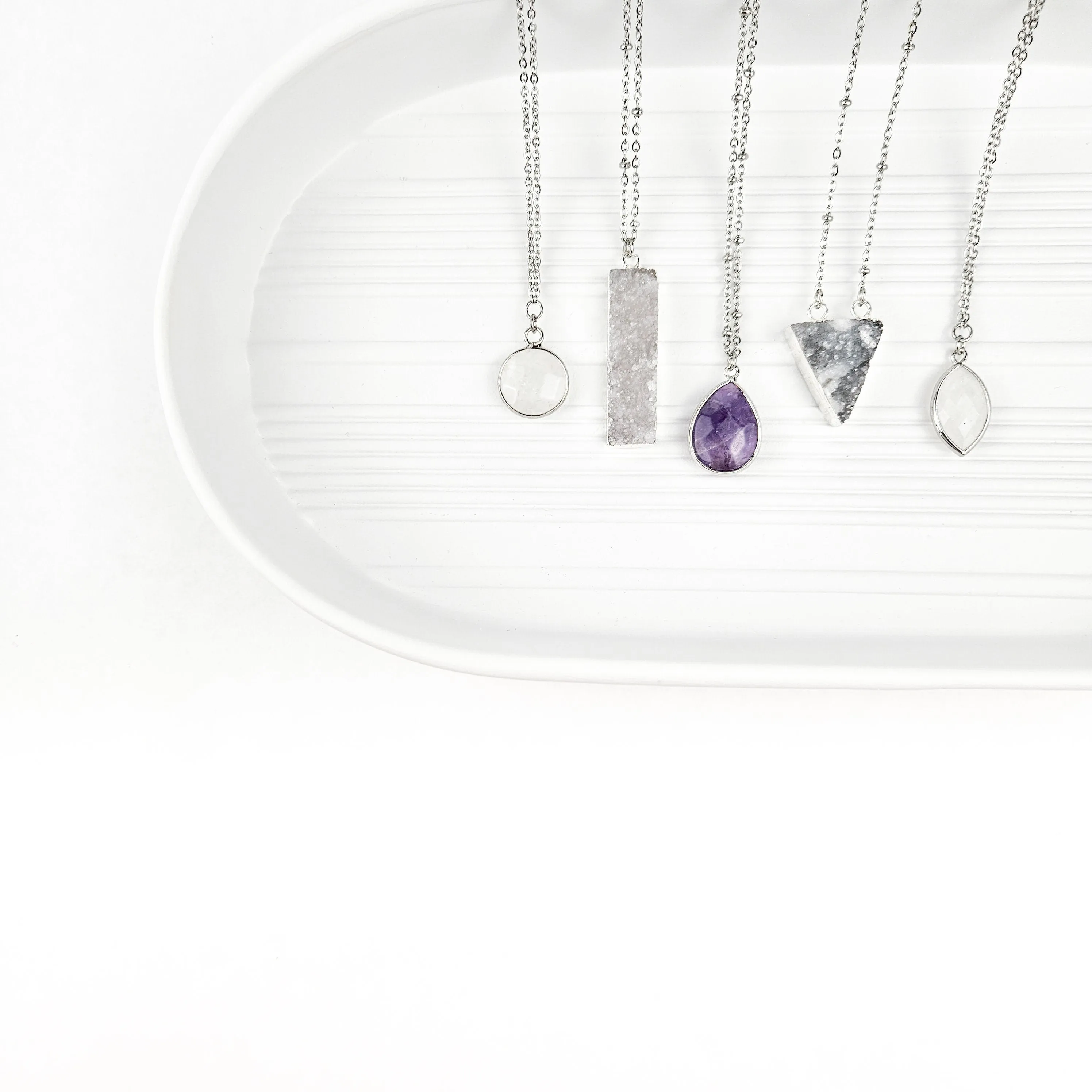 Teardrop Amethyst Crystal Silver Necklace