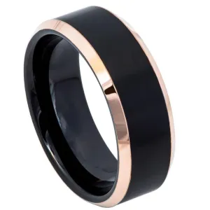 Two-Tone Black & Rose Gold IP Brushed Center Shiny Beveled Edge - 8mm