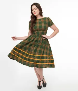 Unique Vintage 1950s Green Plaid Cotton Swing Dress