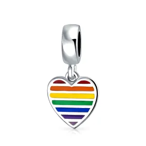 Unisex Sterling Silver LGBTQ Rights Rainbow Heart Dangle Charm Bead Disc Tag