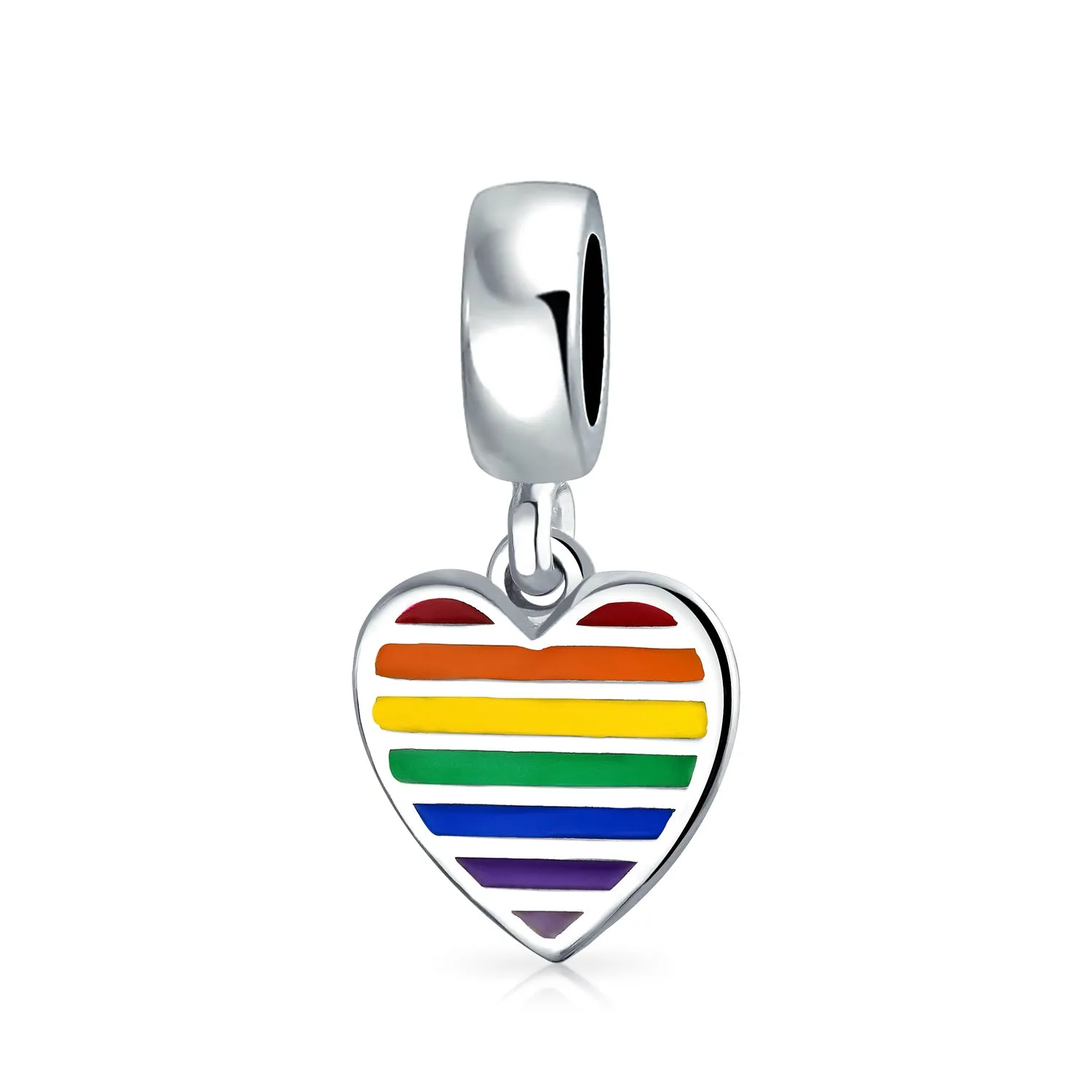 Unisex Sterling Silver LGBTQ Rights Rainbow Heart Dangle Charm Bead Disc Tag