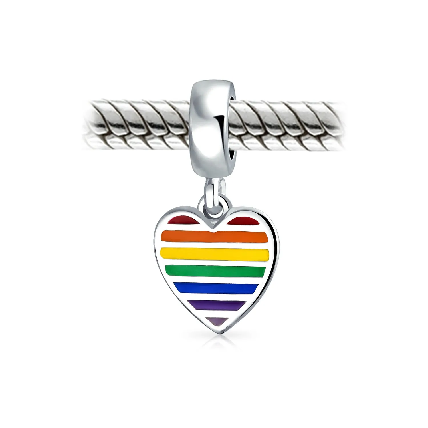 Unisex Sterling Silver LGBTQ Rights Rainbow Heart Dangle Charm Bead Disc Tag