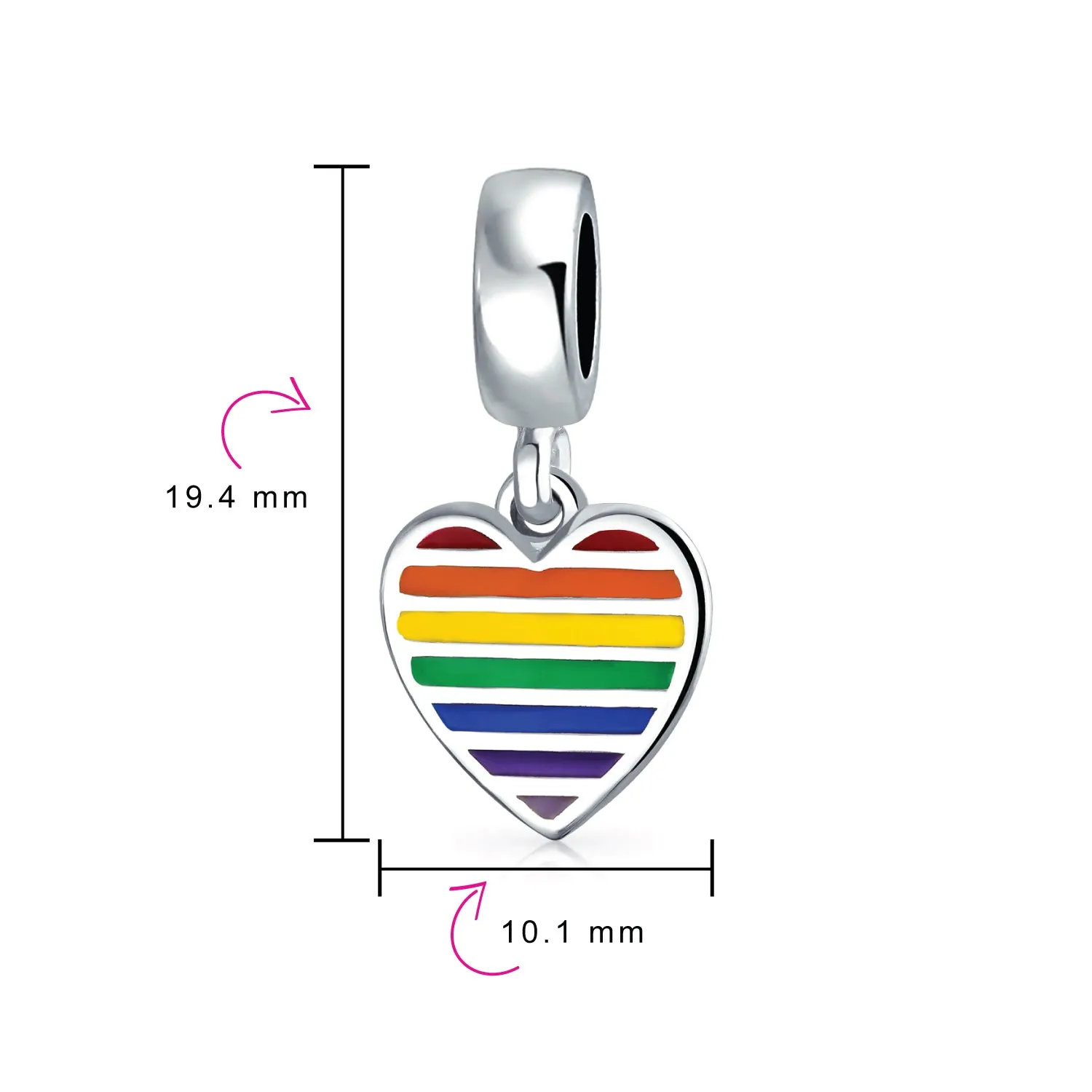 Unisex Sterling Silver LGBTQ Rights Rainbow Heart Dangle Charm Bead Disc Tag