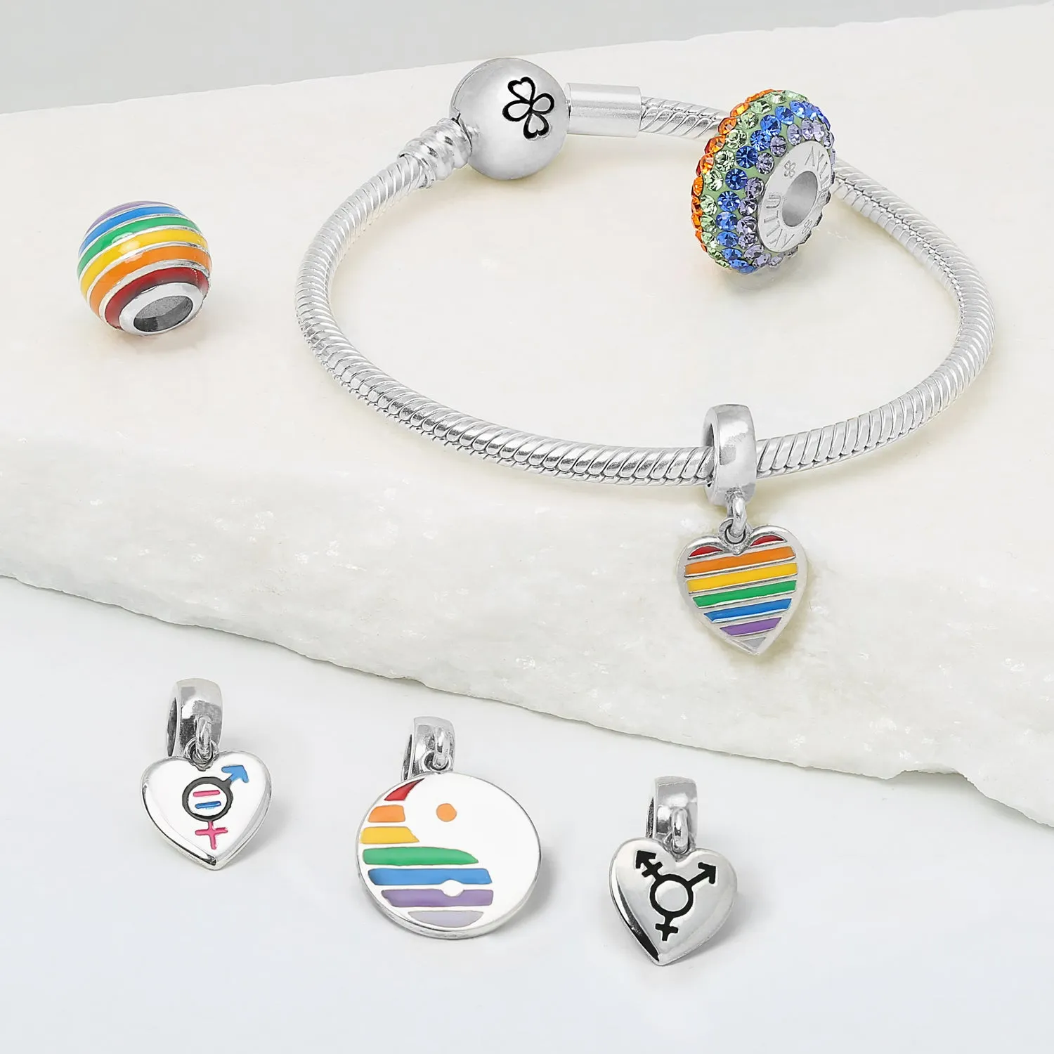 Unisex Sterling Silver LGBTQ Rights Rainbow Heart Dangle Charm Bead Disc Tag