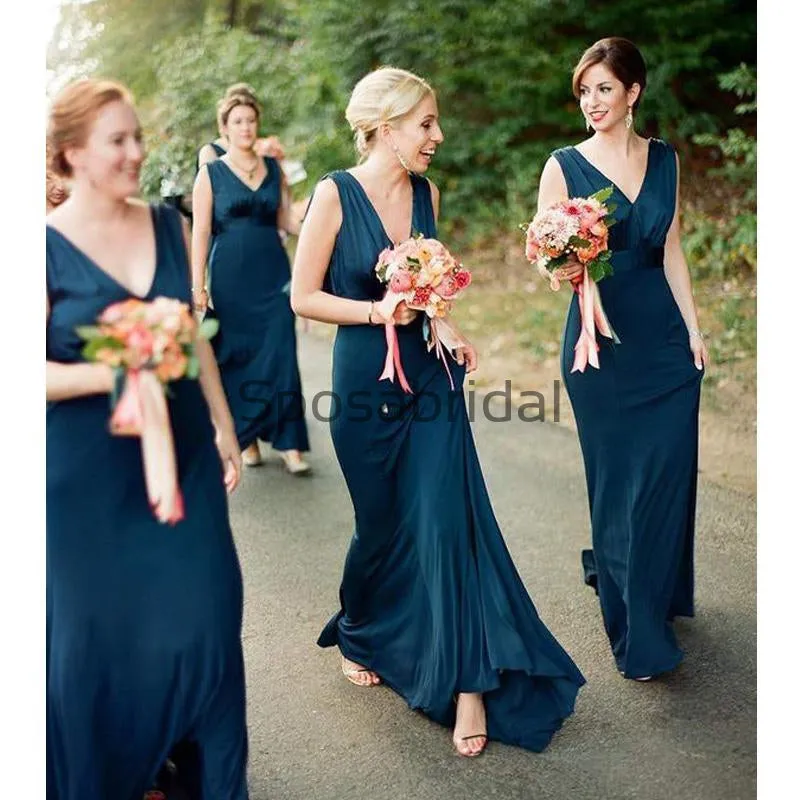 V-Neck Long Elegant Simple Cheap Bridesmaid Dresses WG674