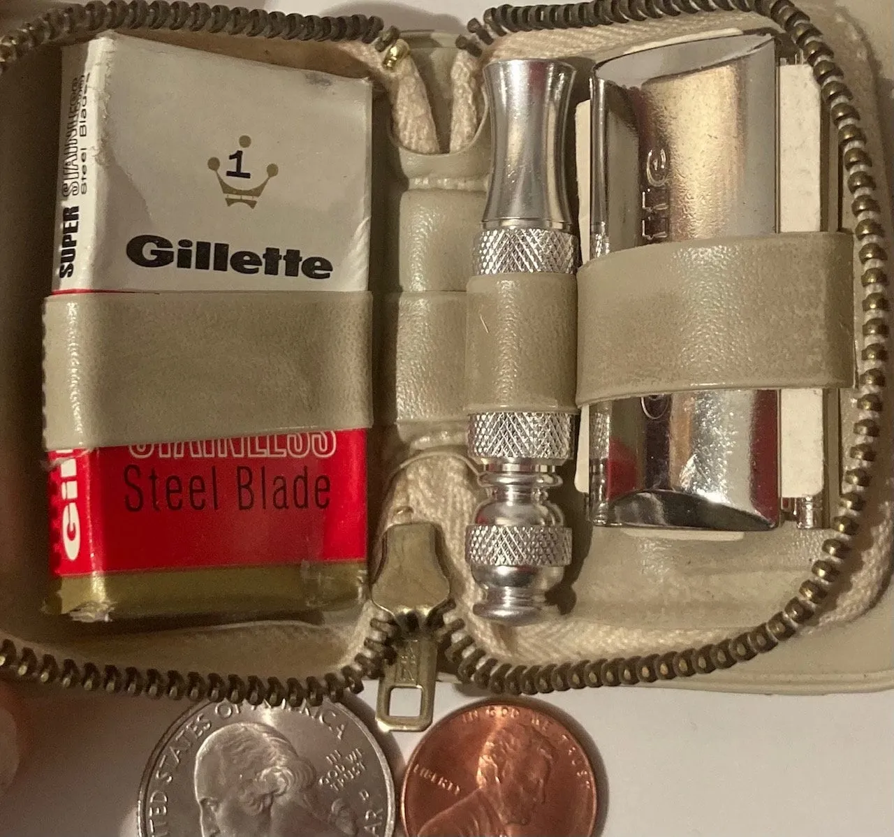 Vintage Gold Bag with Gillette Travel Razor and Stainless Steel Razor Blades in Shiny Gold Case, Nice