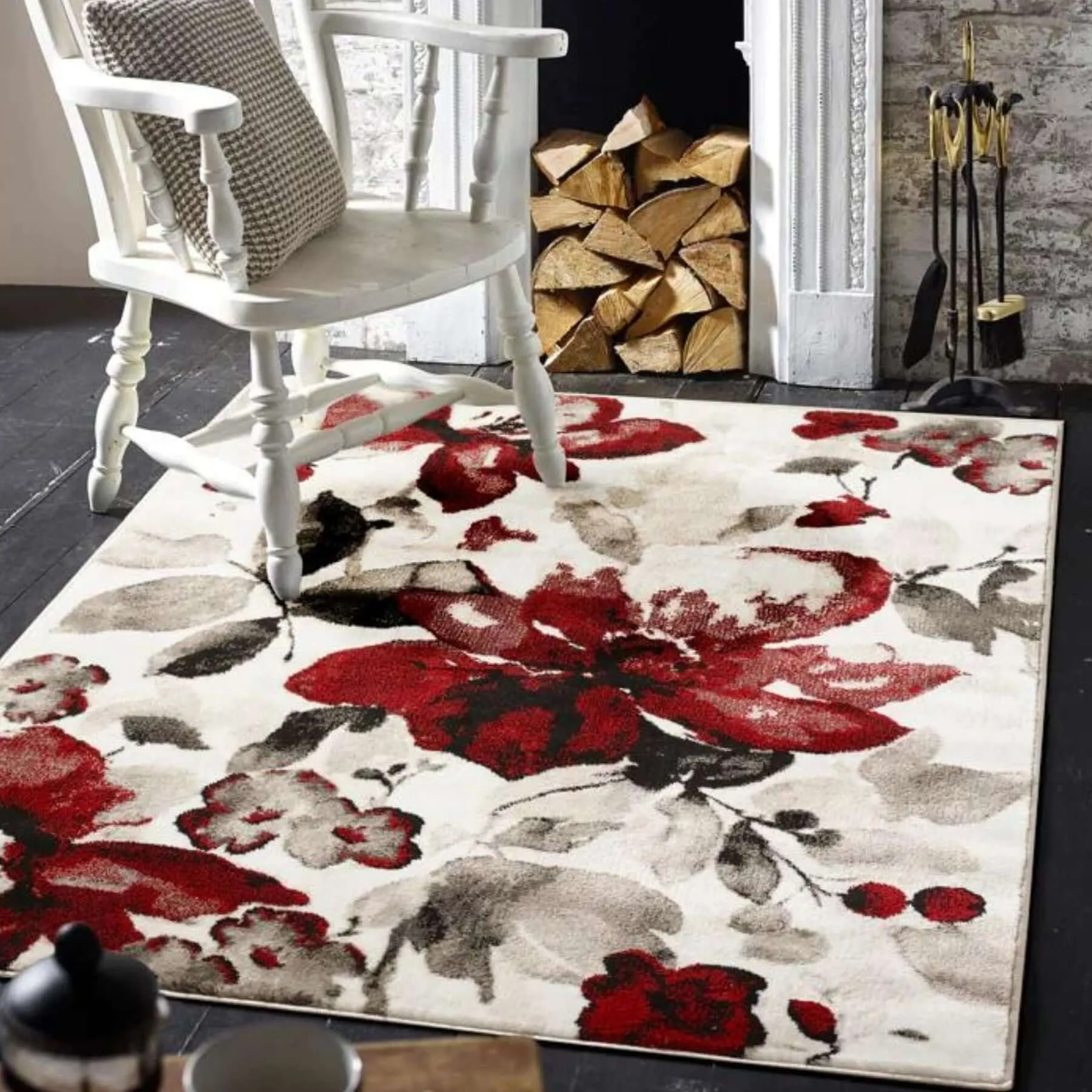 Watercolour Floral Design Rug - Red