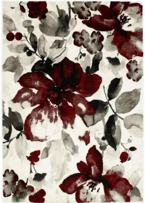 Watercolour Floral Design Rug - Red