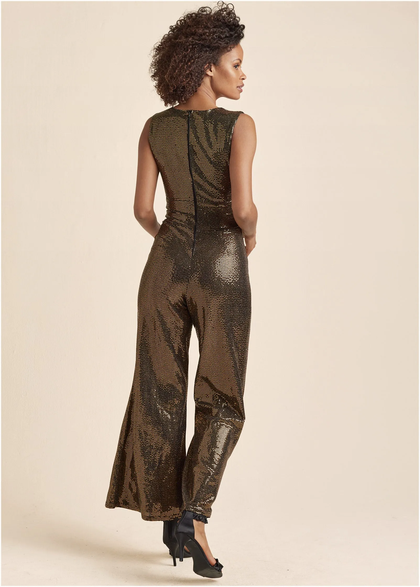 Wide Leg Shimmer Jumpsuit - Black & Gold